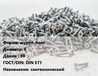 Шуруп шуруп-болт 6х30 ГОСТ: DIN 571 сантехнический